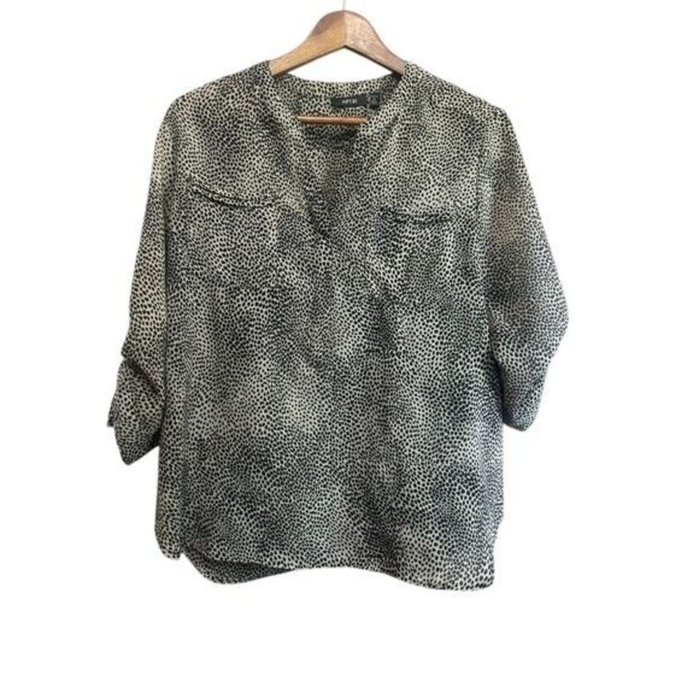 Apt 9 Blouse Women‎ PL Black White Excellent Animal Print Roll Tab Sleeve Top